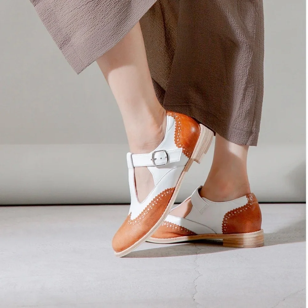 Anthropologie Wingtip Brown White Leather Mary Janes All Black Belted Wings NWT - Picture 4 of 16